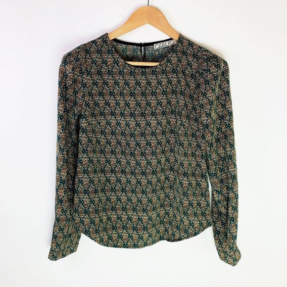 Chole K Long Sleeve Top Small Geometric Green Orange Print Career Work Blouse - Picture 1 of 4